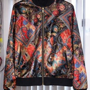 Zara Black Floral Paisley Satin Bomber Jacket with Gold Zip